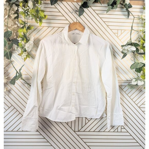 Zara Womens Striped Button Down Cropped Shirt White Blue Cotton Size Medium - Picture 1 of 5